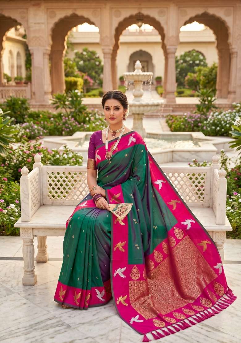 Sea Green Zari Work Banarasi Saree Set for Diwali and Festive Wear - Indya