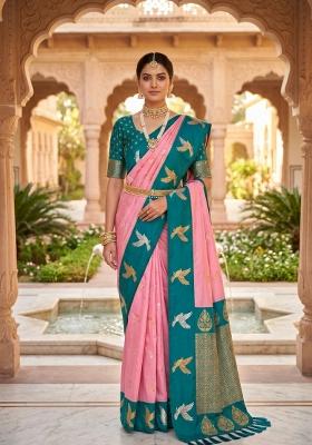 Peach Zari Work Banarasi Saree Set