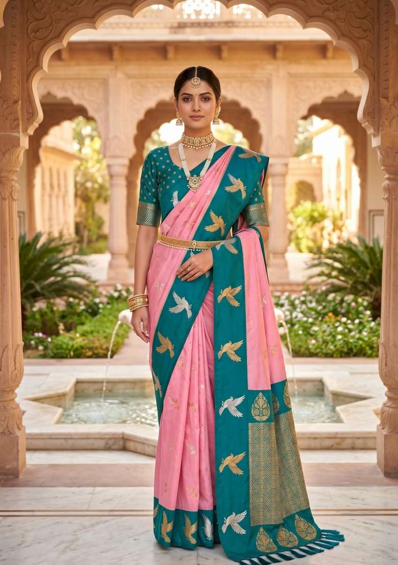 Peach Zari Work Banarasi Saree Set for Diwali and Festive Wear - Indya