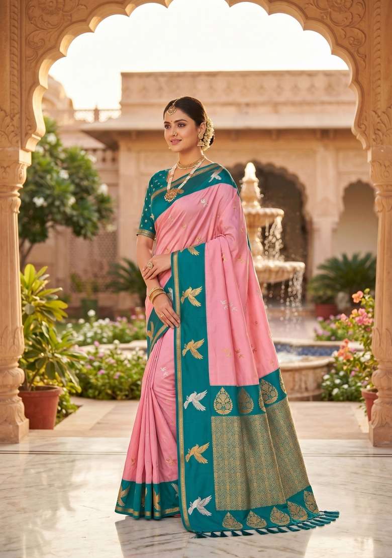 Peach Zari Work Banarasi Saree Set for Diwali and Festive Wear - Indya