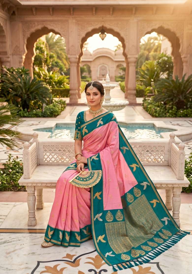 Peach Zari Work Banarasi Saree Set for Diwali and Festive Wear - Indya