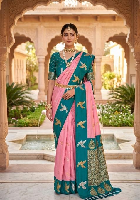 Peach Zari Work Banarasi Saree Set