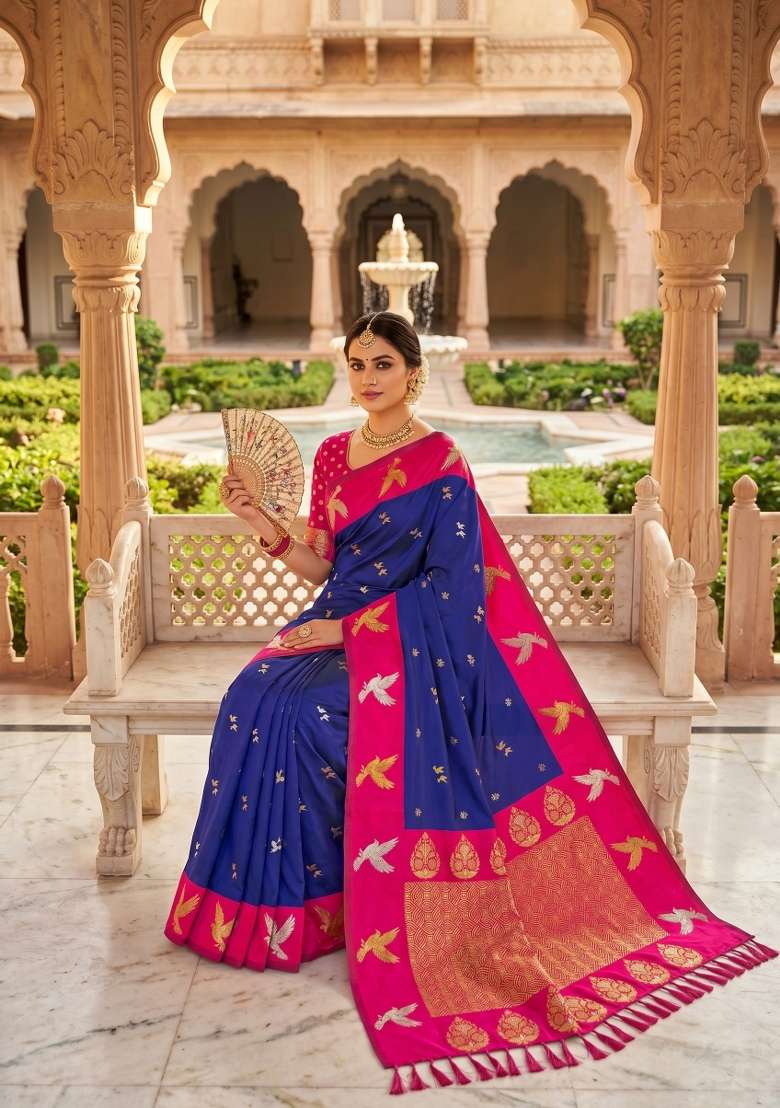 Violet Zari Work Banarasi Saree Set for Diwali and Festive Wear - Indya