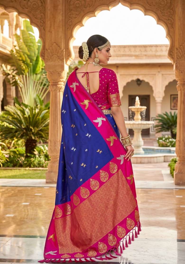 Violet Zari Work Banarasi Saree Set for Diwali and Festive Wear - Indya