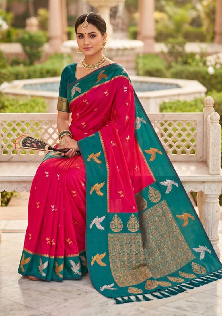 Pink Banarasi Saree Set with Zari Work for Diwali | Wedding & Festive Wear - Indya