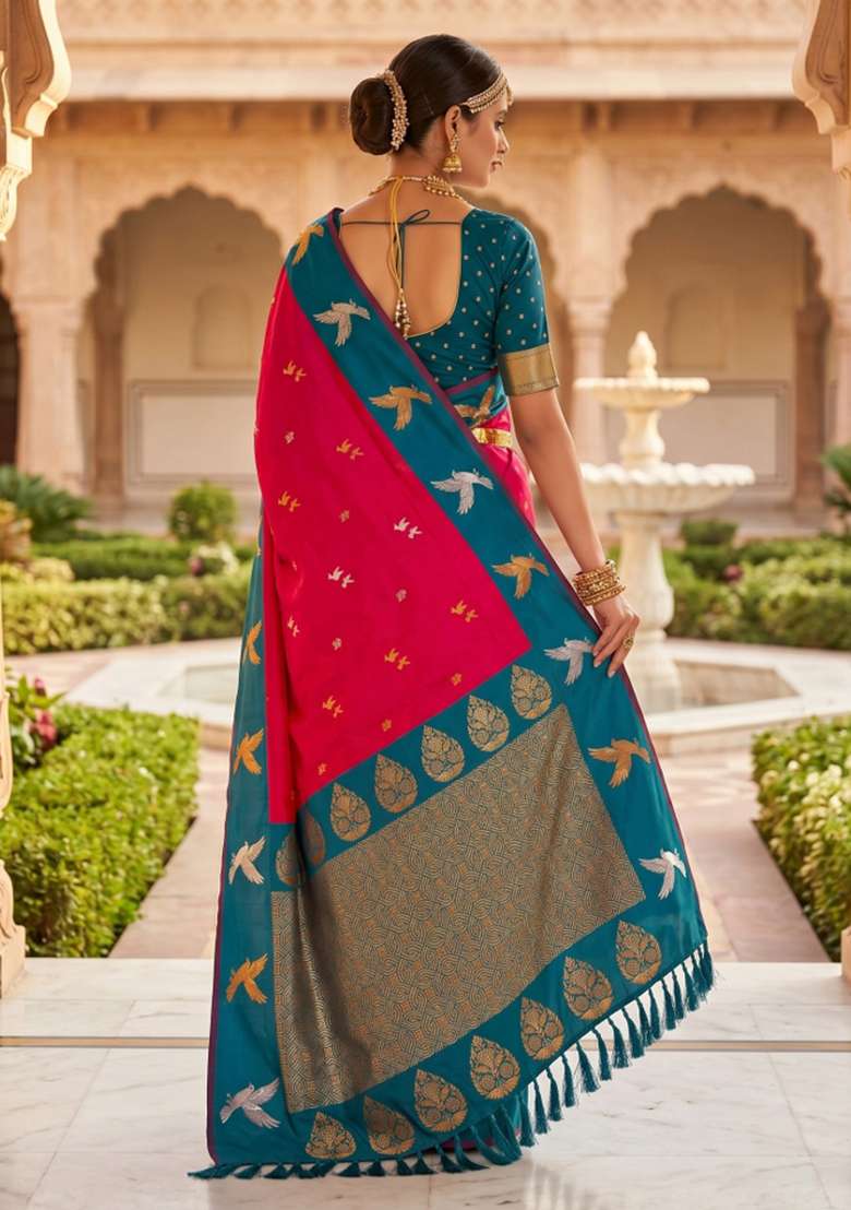 Pink Banarasi Saree Set with Zari Work for Diwali | Wedding & Festive Wear - Indya