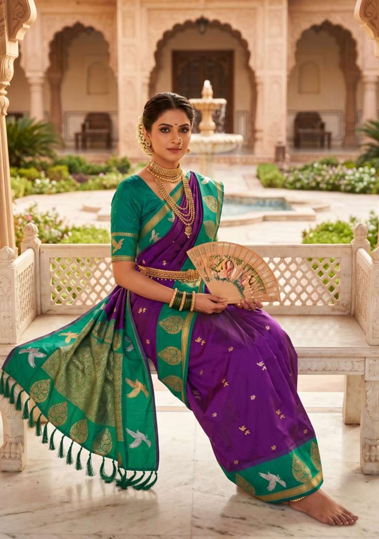 Wine Zari Work Banarasi Saree Set for Diwali and Festive Wear - Indya