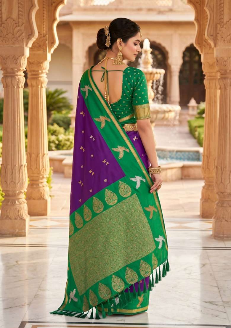 Wine Zari Work Banarasi Saree Set for Diwali and Festive Wear - Indya