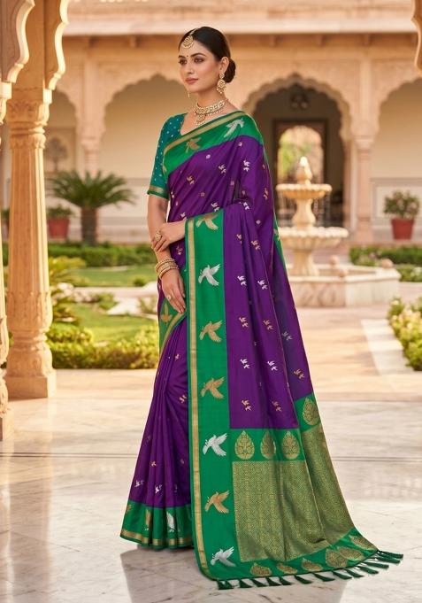 Wine Zari Work Banarasi Saree Set