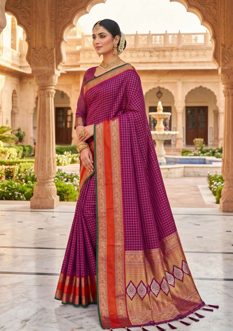 Magenta Banarasi Saree Set with Zari Work for Diwali | Wedding & Festive Wear - Indya