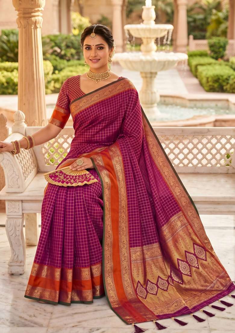 Magenta Banarasi Saree Set with Zari Work for Diwali | Wedding & Festive Wear - Indya