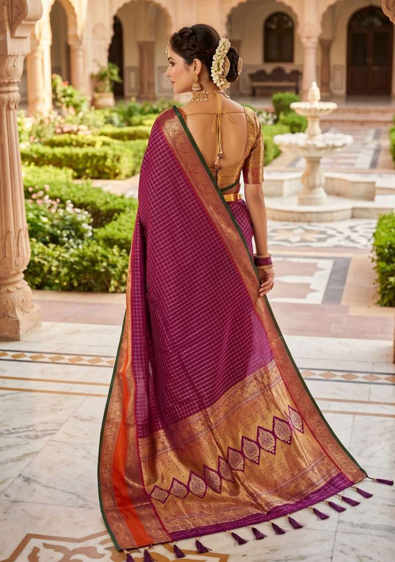 Magenta Banarasi Saree Set with Zari Work for Diwali | Wedding & Festive Wear - Indya