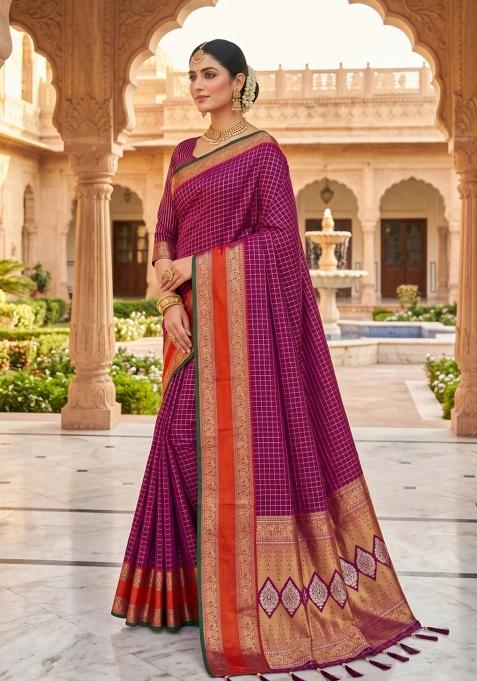 Magenta Zari Work Banarasi Saree Set