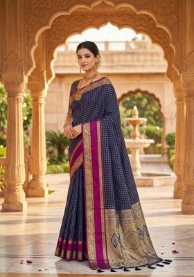 Navy Blue Zari Work Banarasi Saree Set