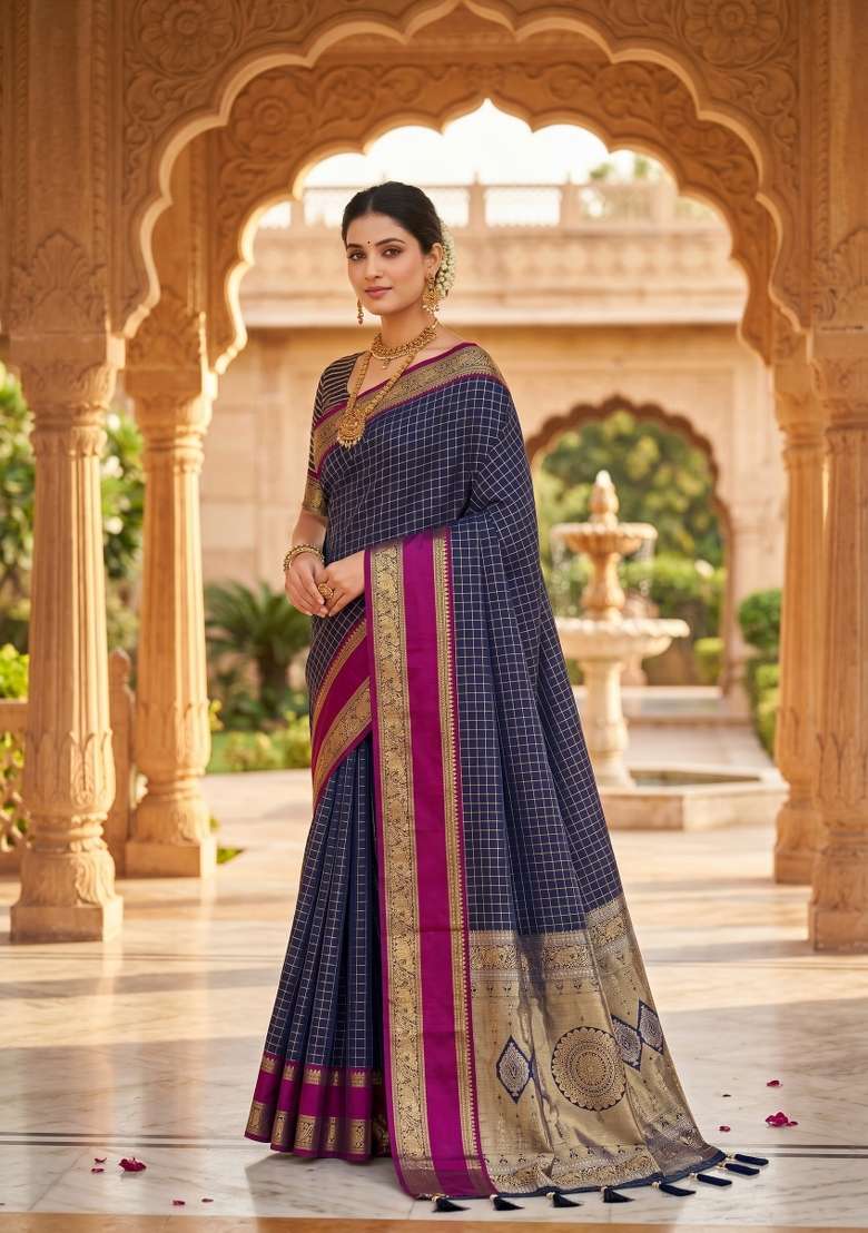 Navy Blue Zari Work Banarasi Saree Set for Diwali and Festive Wear - Indya