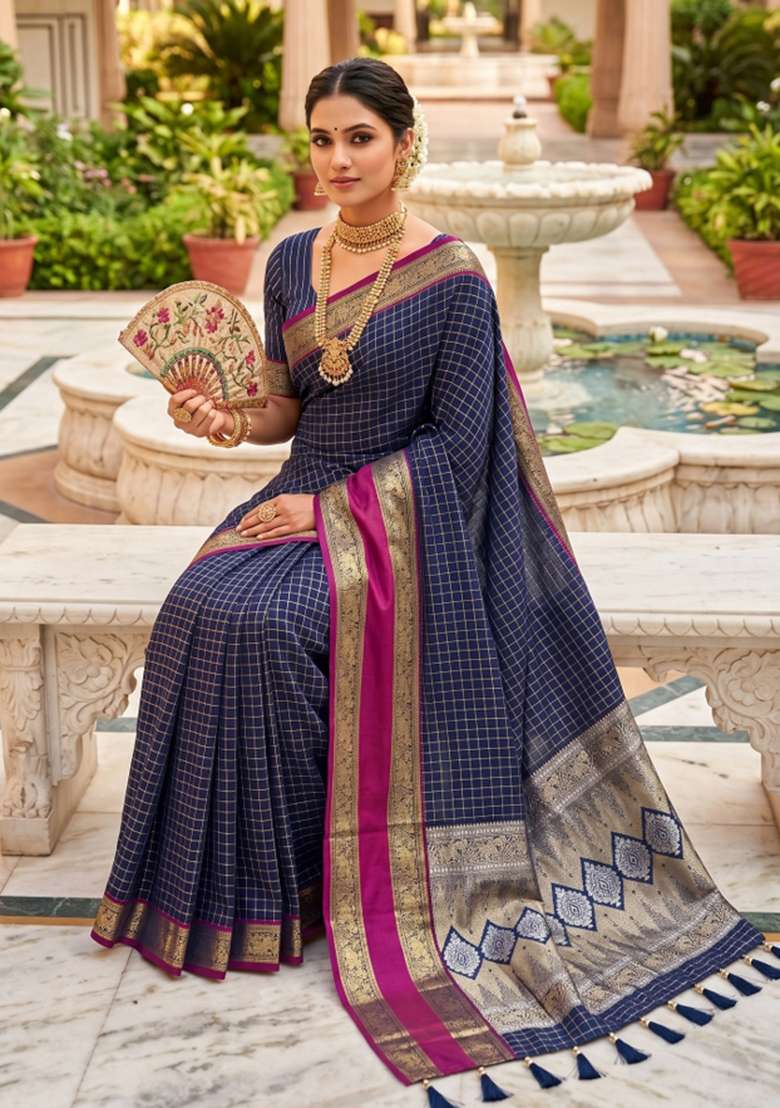 Navy Blue Zari Work Banarasi Saree Set for Diwali and Festive Wear - Indya