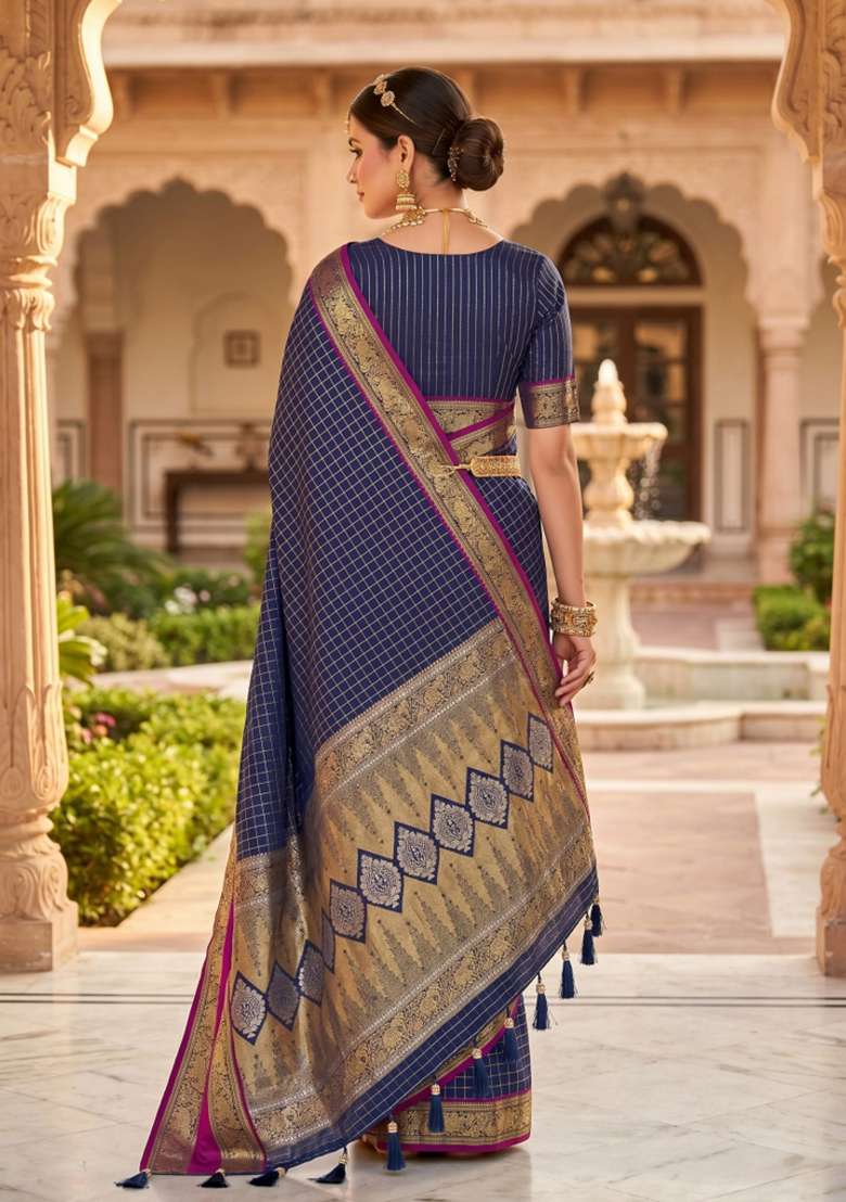Navy Blue Zari Work Banarasi Saree Set for Diwali and Festive Wear - Indya