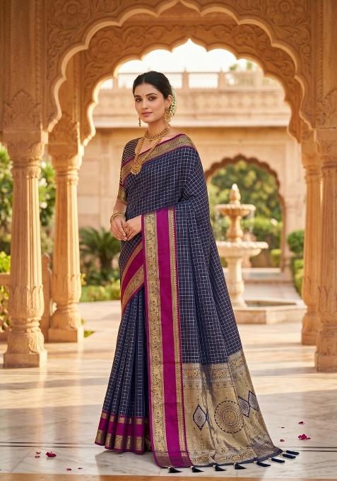 Navy Blue Zari Work Banarasi Saree Set