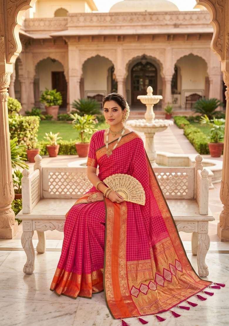 Rani Pink Banarasi Saree Set with Zari Work for Diwali | Wedding & Festive Wear - Indya