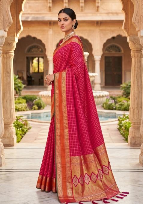 Rani Pink Zari Work Banarasi Saree Set