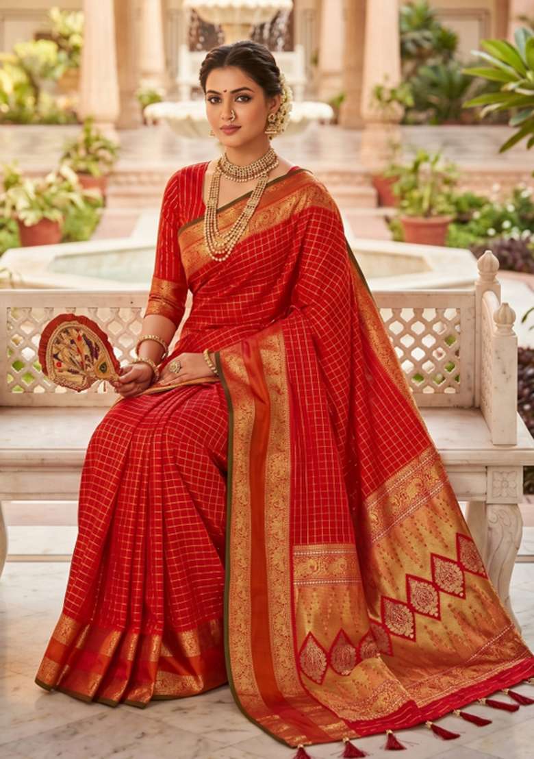 Red Zari Work Banarasi Saree Set for Diwali and Festive Wear - Indya