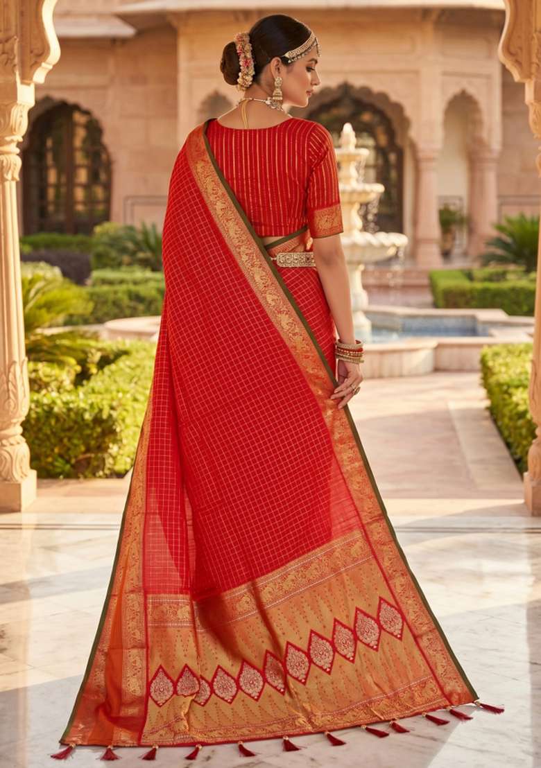Red Zari Work Banarasi Saree Set for Diwali and Festive Wear - Indya
