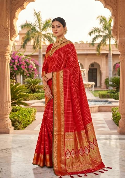 Red Zari Work Banarasi Saree Set