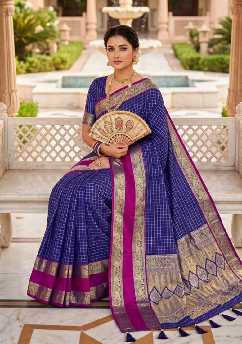 Royal Blue Banarasi Saree Set with Zari Work for Diwali | Wedding & Festive Wear - Indya