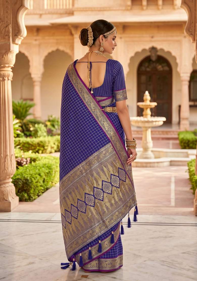 Royal Blue Banarasi Saree Set with Zari Work for Diwali | Wedding & Festive Wear - Indya
