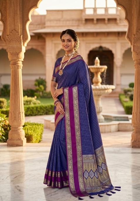 Royal Blue Zari Work Banarasi Saree Set