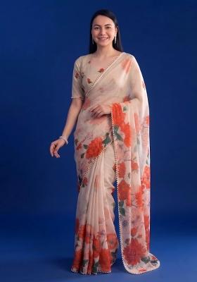 Off White Floral Printed Marble Saree Set