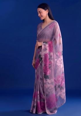 Grey Floral Printed Marble Saree Set