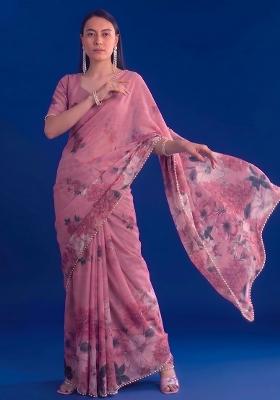 Peach Floral Printed Marble Saree Set
