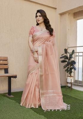 Peach Handloom Silk Saree Set