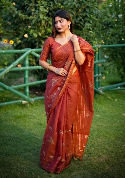 Orange Handloom Silk Saree Set