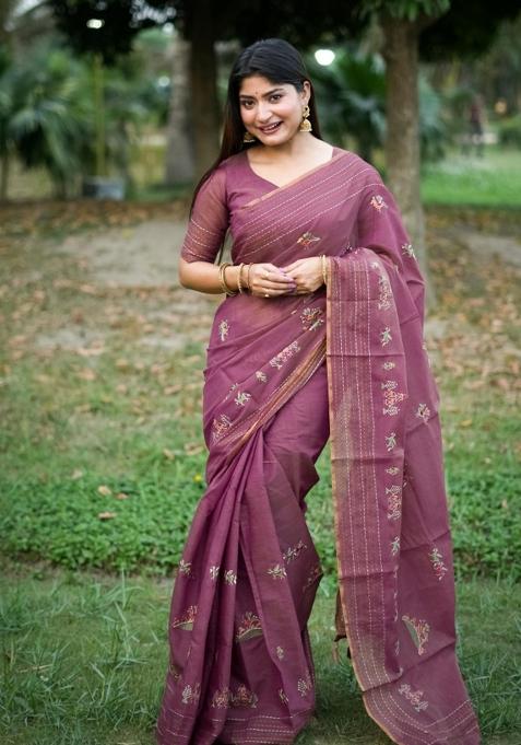 Purple Handloom Silk Saree Set