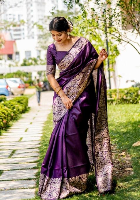 Purple Handloom Silk Saree Set
