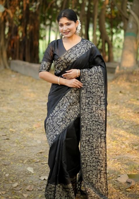 Black Handloom Silk Saree Set