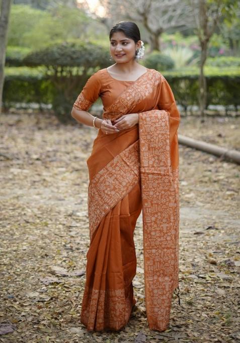 Orange Handloom Silk Saree Set