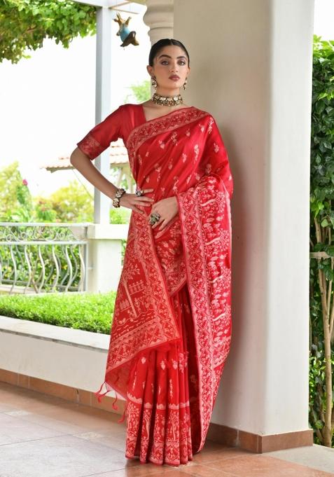 Red Handloom Silk Saree Set