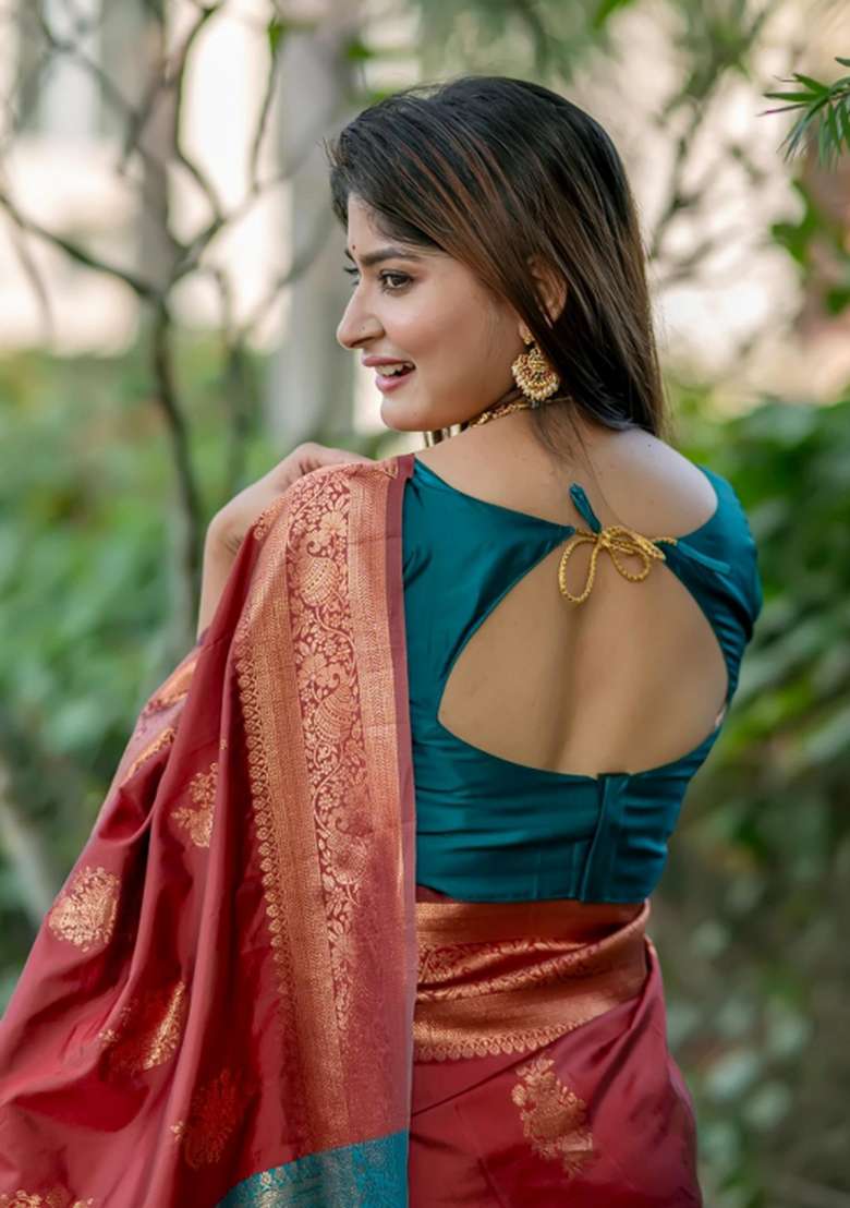 Maroon Handloom Silk Saree Set for Diwali and Festive Wear - Indya