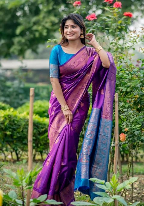 Purple Handloom Silk Saree Set