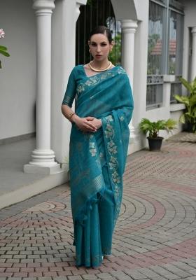 Rama Blue Handloom Silk Saree Set