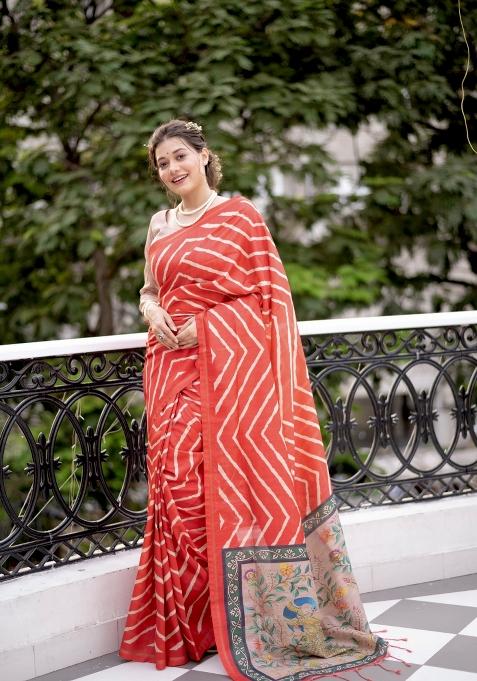 Orange Handloom Silk Saree Set