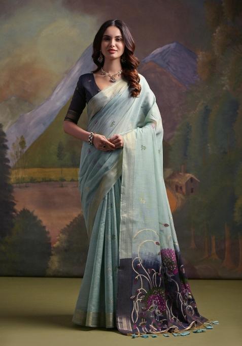 Grey Handloom Silk Saree Set