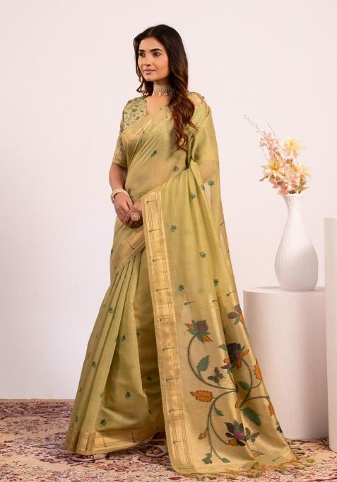 Pista Handloom Cotton Saree Set