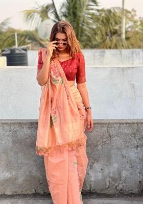 Peach Handloom Silk Saree Set
