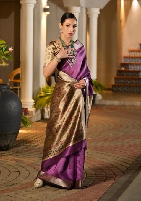 Purple Handloom Silk Saree Set