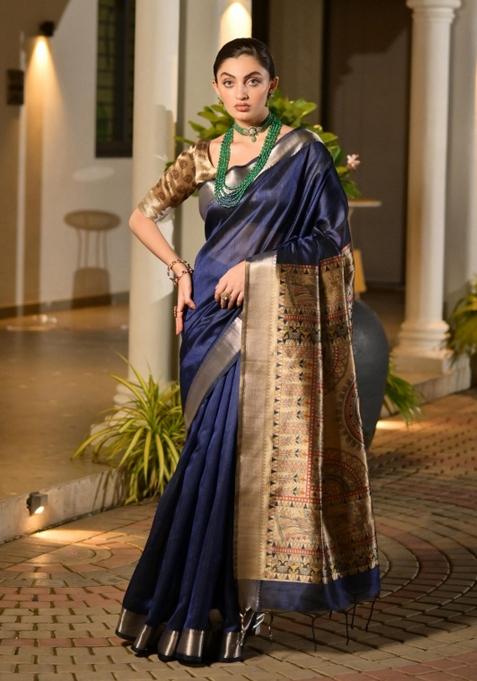 Blue Handloom Silk Saree Set