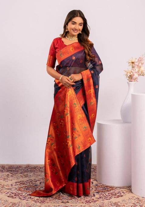 Blue Handloom Silk Saree Set